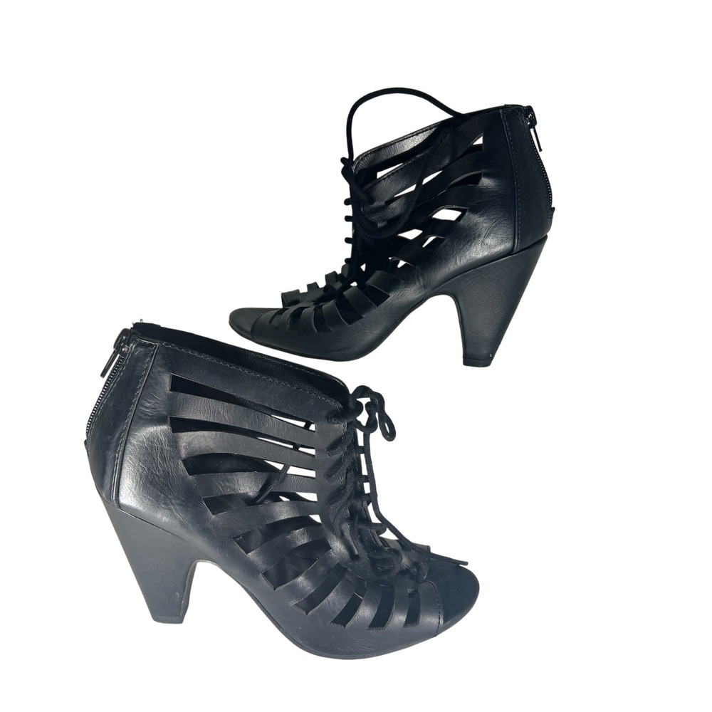 Charlotte Russe Cage Booties 7 Black Lace Up Cutout Goth Edgy Open Toe Heel
